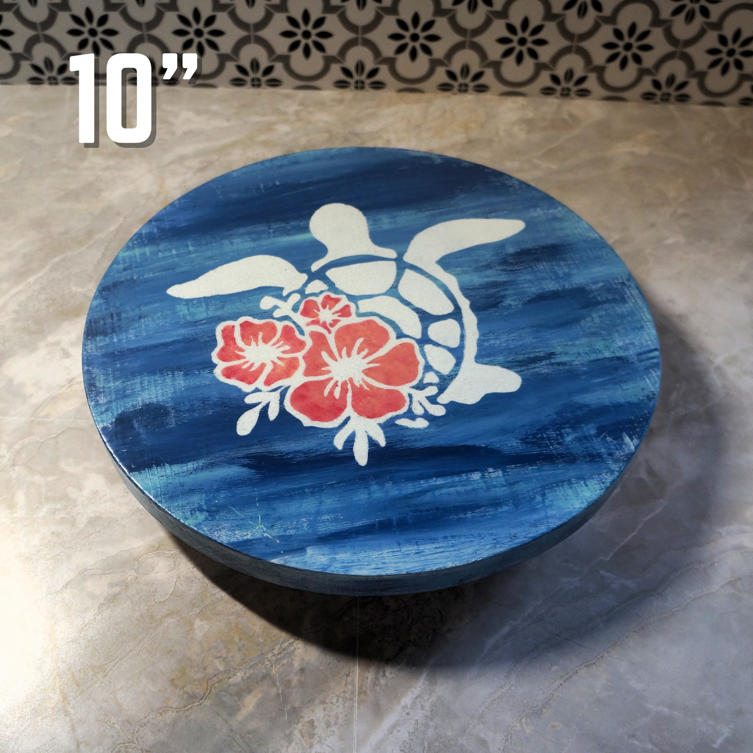 Sea Turtle Hand-Painted Beach-Inspired Lazy Susan – Solid Wood, Coastal Style for Kitchen or Dining Table