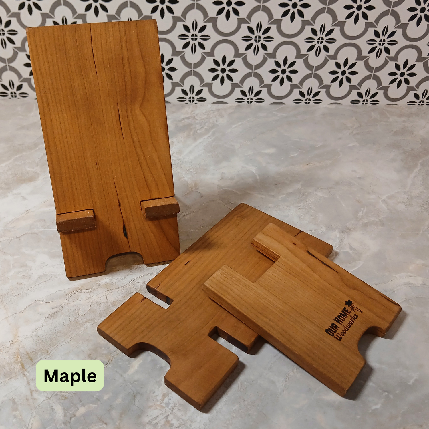 2-Piece Hardwood Phone & Tablet Stand – Handcrafted, Unique Wood Grain, Charging Cord Cut-Out