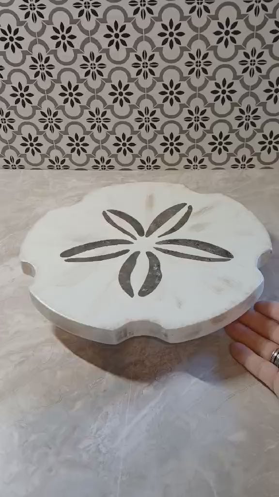 Sand Dollar Hand-Painted Beach-Inspired Lazy Susan – Solid Wood, One-of-a-Kind Coastal Charm