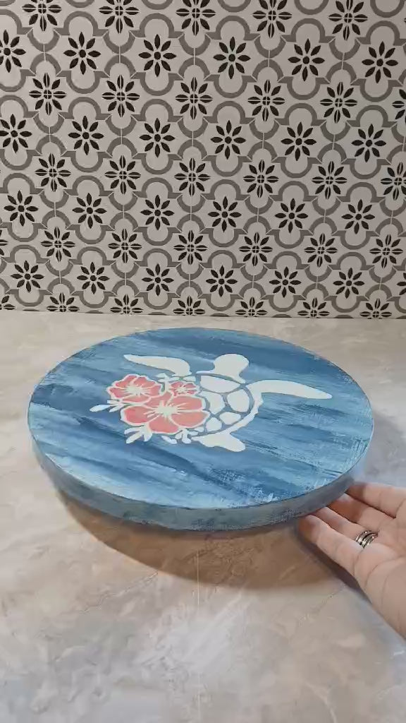 Sea Turtle Hand-Painted Beach-Inspired Lazy Susan – Solid Wood, Coastal Style for Kitchen or Dining Table